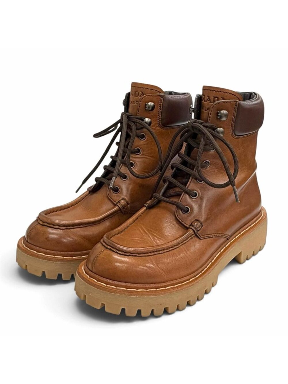 Prada Logo Embossed Lace-up Leather Ankle Boots Short Brown IT